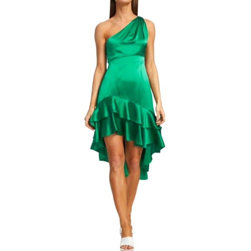 CINQ À SEPT 'Colina' Silk-Satin One-Shoulder Asymmetrical Dress, Jade Green